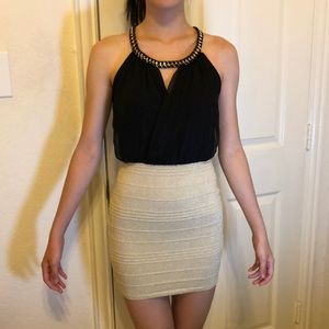 Black/Gold Color-block Bandage Halter Dress